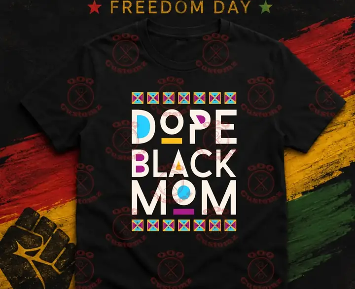Black T-shirt with a colorful statement graphic